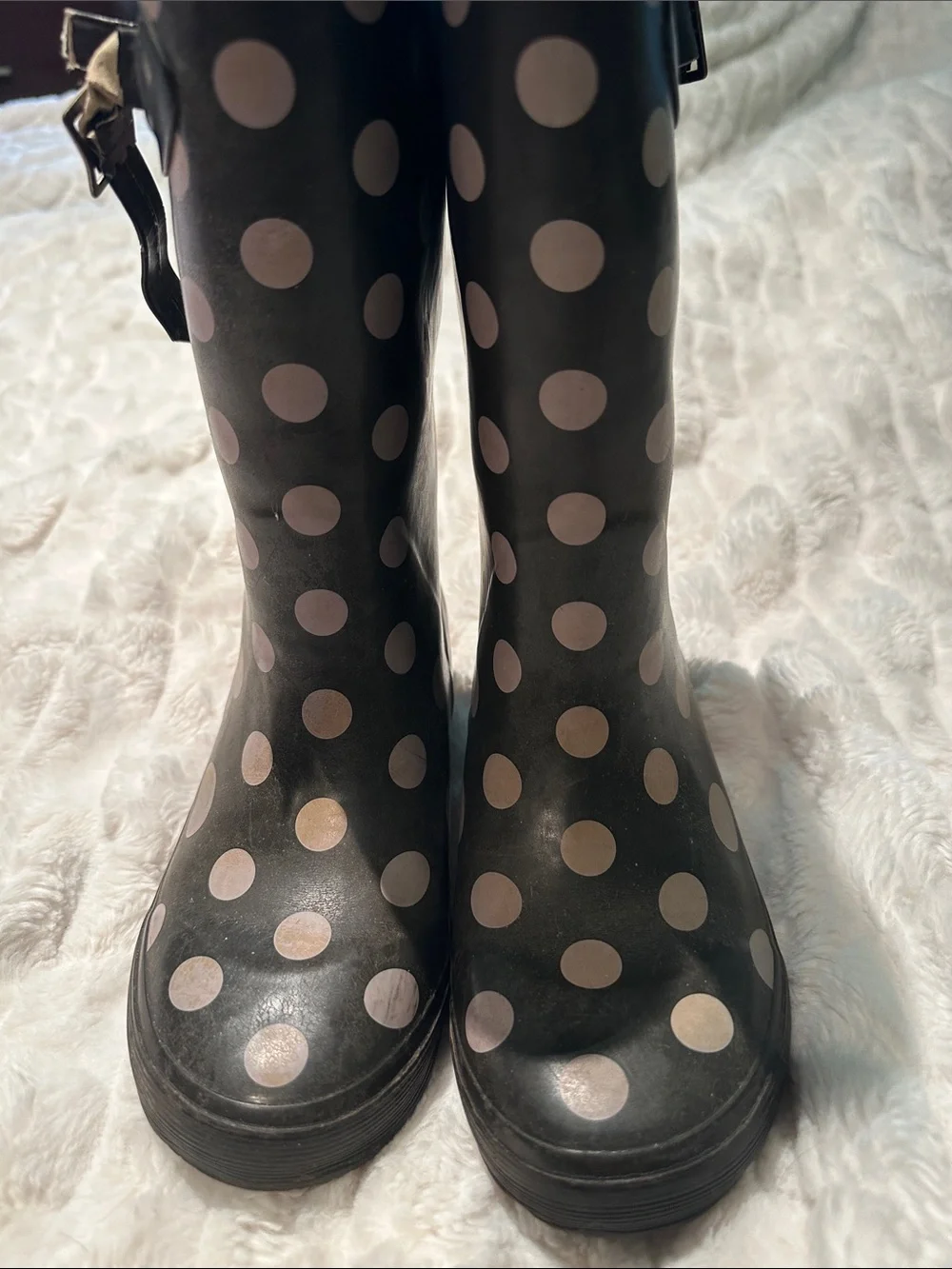 L.L. Bean Kids Black Rain Boots with Pink Polka Dots